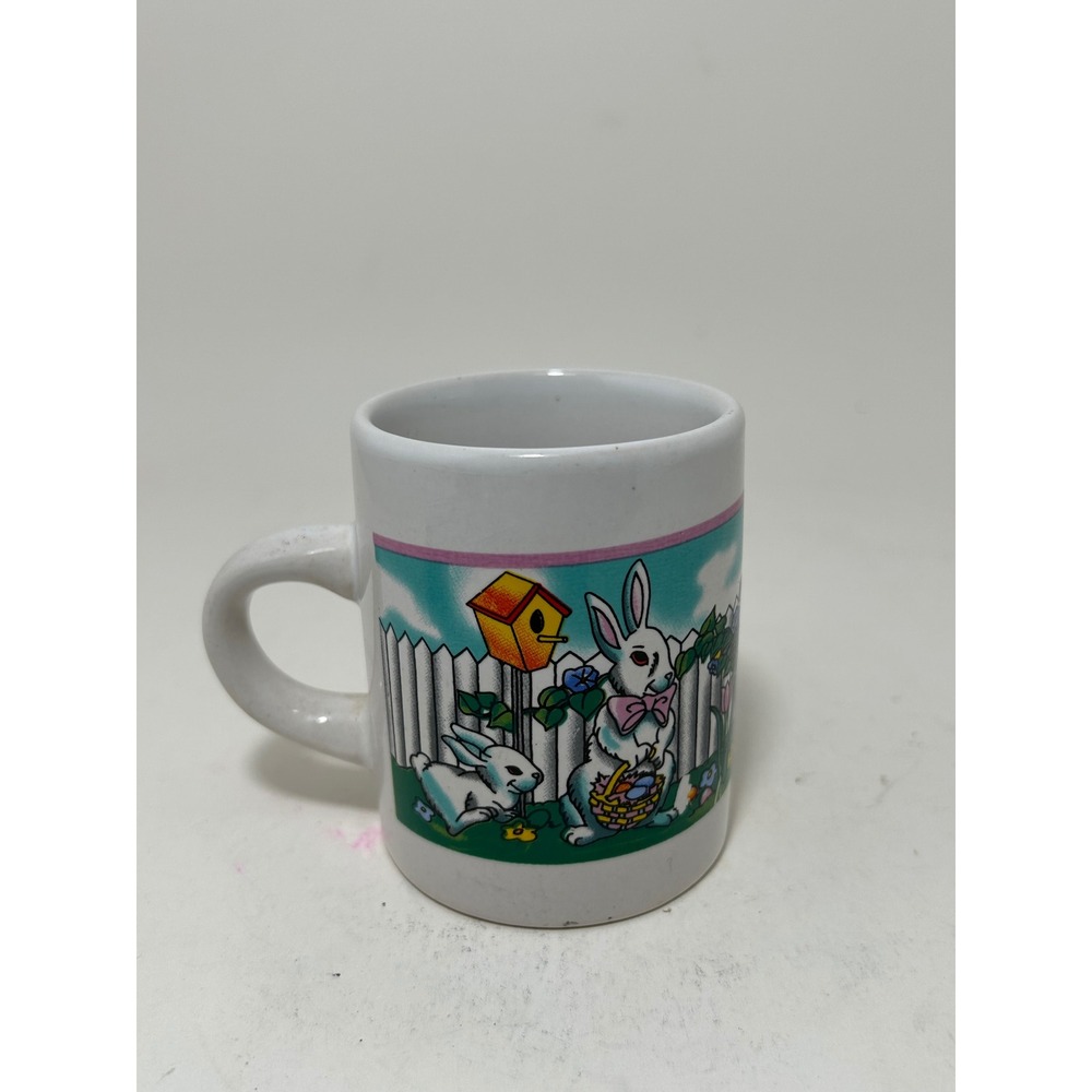 Vintage Easter Bunny Garden Ceramic Coffee Mug White Picket Fence Floral Retro‎